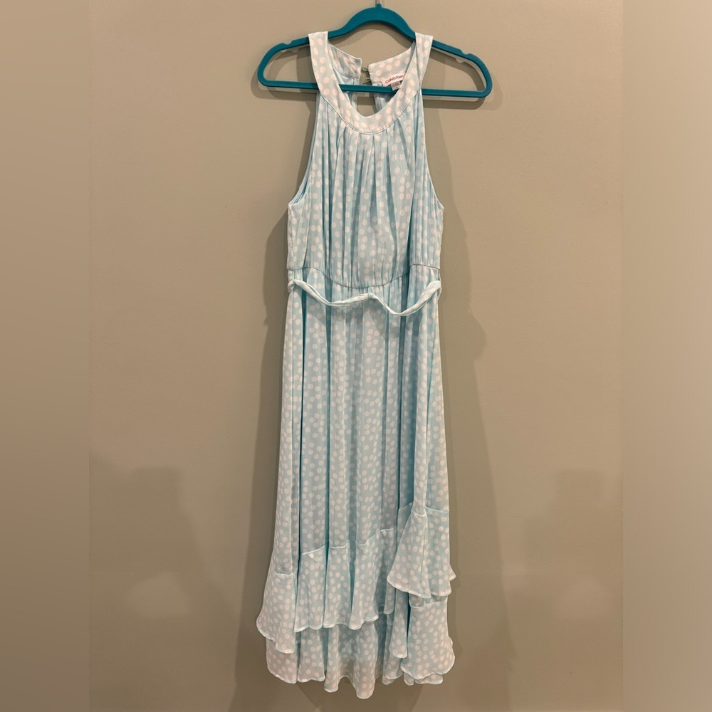 Calvin Klein Blue Polka Dot Chiffon Halter Ruffle Dress Women’s Size 14